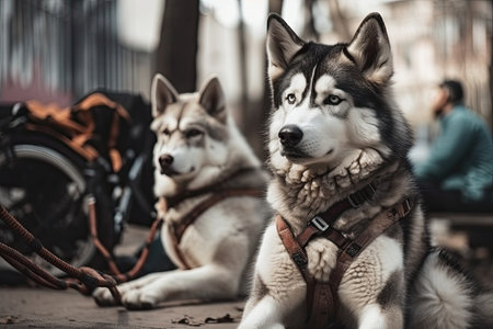 Husky dogs take a break before working in a harnessの素材