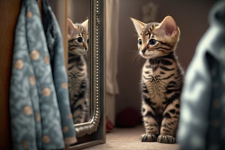 Indoors, a cute little Bengal kitten looks in the mirror of a wardrobeの素材