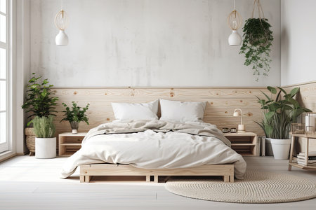 Interior design, cool bedroom wall mockup, contemporary bed, decorative plants, and sunlightの素材