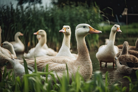 Geese constructed from scratch against a field of lush grass. hostile goose. Generative AIの素材