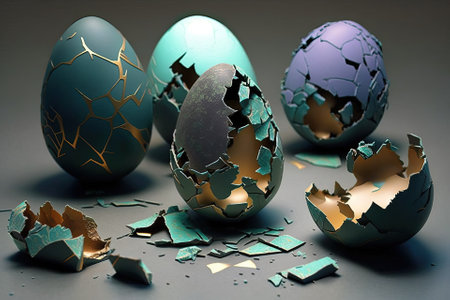 Easter eggs with a stone like texture shattered on topの素材