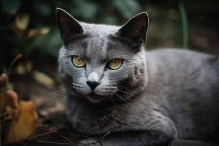 Beautiful gray cat lounging outsideの素材