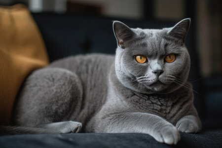 Lovely cat resting on the grey sofaの素材