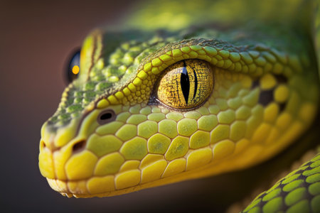Close up of the face of a Manggrove Pit Viper snakeの素材