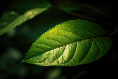 In macro photography, a fresh green top leafの素材