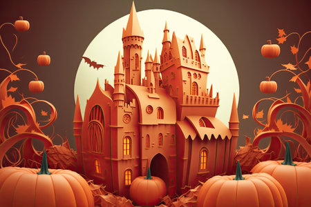 Illustration of a princess castle and pumpkins in an orange Halloween backgroundの素材