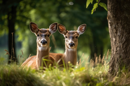 Two adorable deer stand on beautiful grassの素材