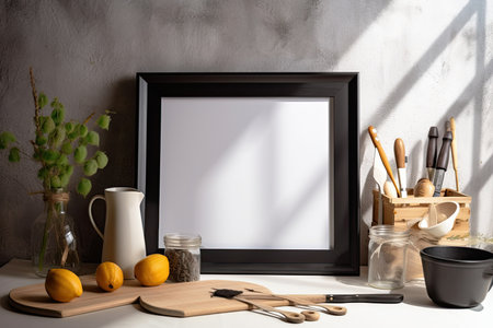 Kitchenware is shown in a blank black photo frame on a wooden table in the sunlightの素材