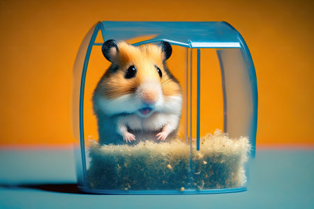 Cute hamster in cage eating seed on color backgroundの素材