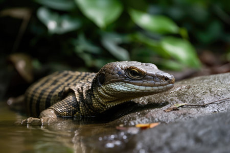 In Thailand, a Varanus (lizard) walks along a tiny riverの素材
