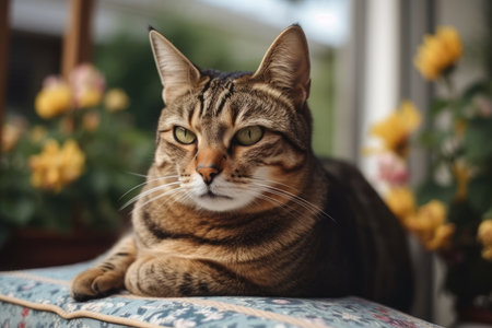 On the balcony, a little cat sits on a pillowの素材