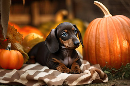 In the garden, there is a Dachshund puppy and pumpkinsの素材