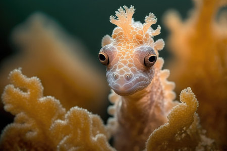 In the midst of a soft coral reef, a pygmy seahorse stares intently into the cameraの素材