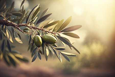 Olive tree background with leaves in a sunny, natural environmentの素材