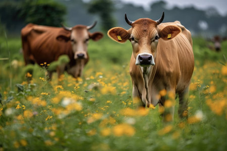 In the summer, pasture and grass in a paddock and organic flowers in a field can be seenの素材