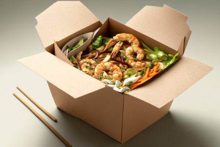 Opened WOK paper box of salad with shrimps and chopsticks. Asian fast food conceptの素材