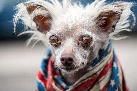 Chinese Crested Hairless dog up close with colored fur and American flag scarf. Generative AIの素材