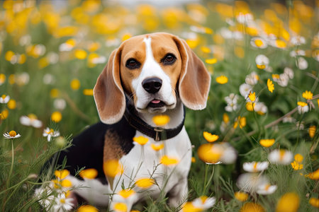 Portrait Stock Picture of a Beagle Dog on Flowers and Grassの素材