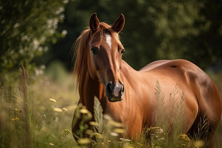 In a meadow, a brown horse is grazingの素材
