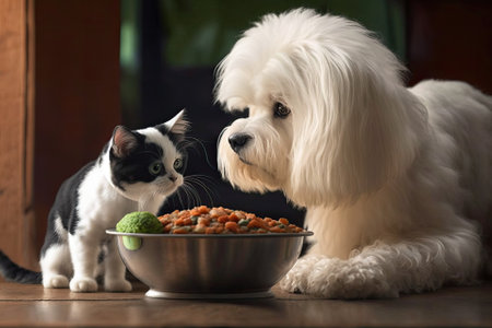 Maltese dog and black and white cat at home, eating natural, organic food out of a bowlの素材