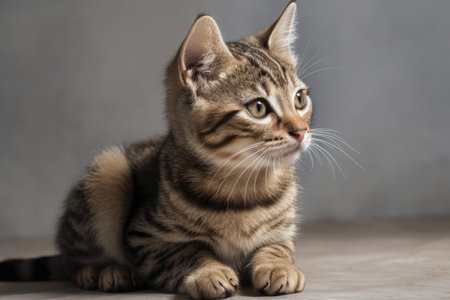 Sitting on the floor, the kitten is gazingの素材