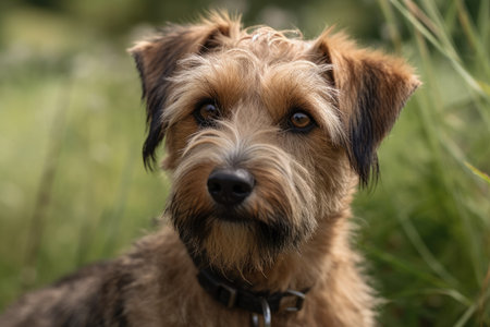 Photograph of a mixed breed dog that is focused on the lensの素材