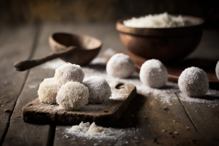 Made from scratch coconut balls on a weathered wooden tableの素材