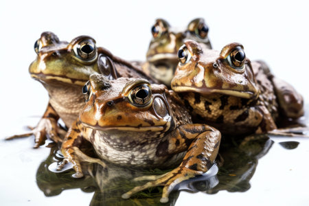 Isolated brown frogs in a group on a white background. Ridibundus Pelophylax. Amphibians. Animalsの素材