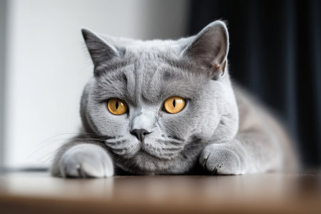 On a white table, a British Shorthair cat is curled upの素材