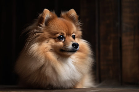 Pupil of the Pomeranian spitz poses against the wooden backdropの素材