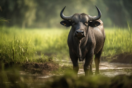 Standing in a rice field is a Thai buffaloの素材