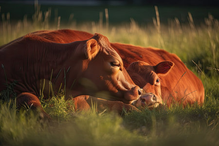 Red cow mother and calf sleeping on meadow, up closeの素材