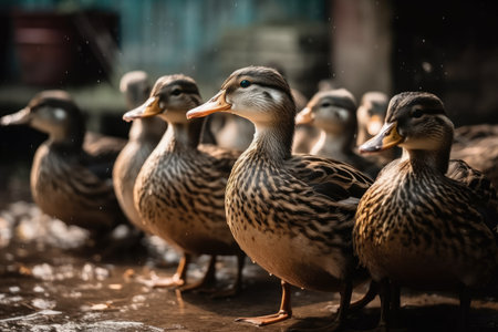 a group of ducks that had been scouring the village for foodの素材