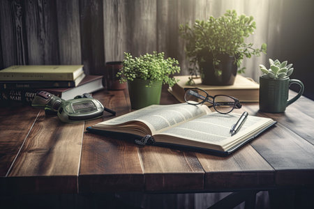 On a wood desk in a contemporary workstation are a book, a plant, and a coffee cupの素材