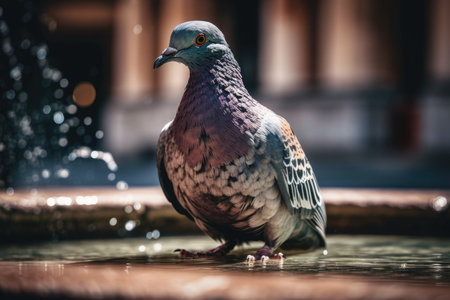 On a hot and sunny day, a parched pigeon quenches his thirst at the city fountain. Up closeの素材