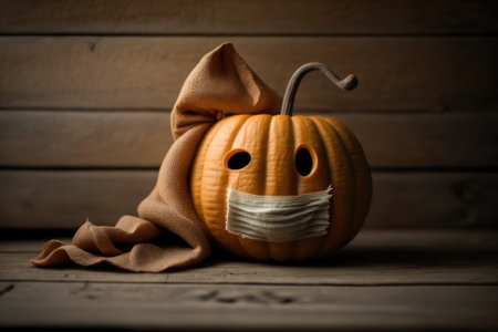 a pumpkin holding a towel and a face mask on a wooden backdropの素材