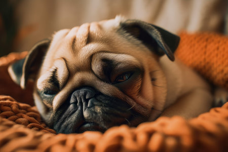 Pug puppy is sleeping on his bedの素材