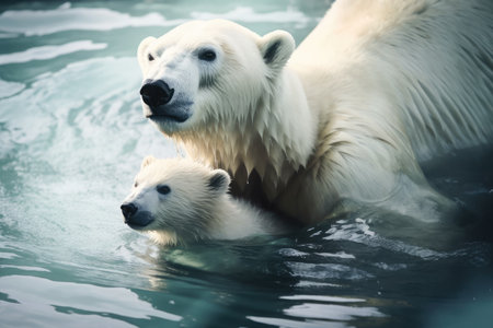 Polar bear in water with cubの素材