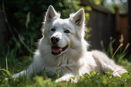 The dog is resting in the shade on the lawnの素材
