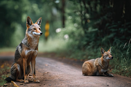 View of a Clouded Monitor and a Common Jackal on a road in the forestの素材