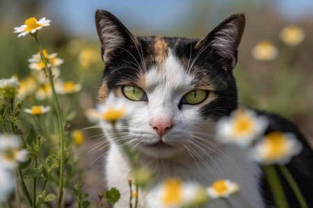 a grey and white cat among flowers against a blue skyの素材
