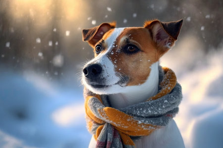 When it snows in winter, a dog builds a snowman. Jack Russell Terrier in a scarf. Pet in natureの素材