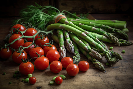 a bunch of tomatoes and wild asparagusの素材