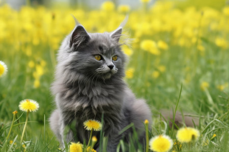 Sitting on a field of yellow dandelion flowers is a fluffy gray kittyの素材