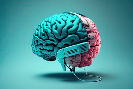 View from the side of a brain wearing headphones while listening to music on a blue backgroundの素材