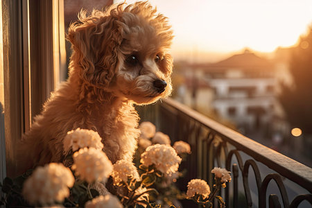 Poodle puppy on the balcony, looking out at the streetの素材