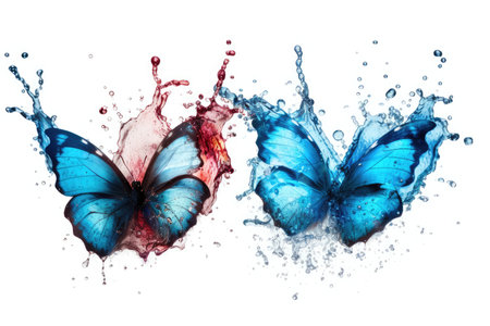 Three butterflies made of water splashes isolated on white backgroundの素材