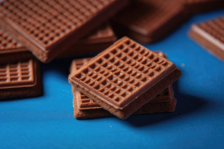 Square chocolate wafer cookies against a vibrant background of brown. looking upの素材