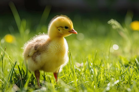 Side view of a chick on a background of green grass on a warm summer dayの素材