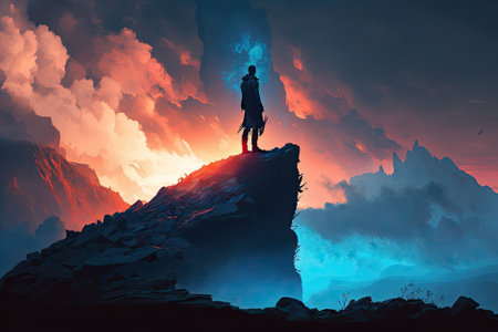 Under a clouded blue sky at sunset, a human silhouette is seen standing on a rocky mountainの素材